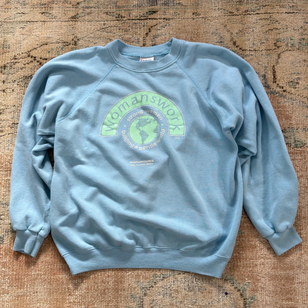 Vintage Hanes Womanswork Sweatshirt Large Light Blue Raglan Graphic Pullover USA